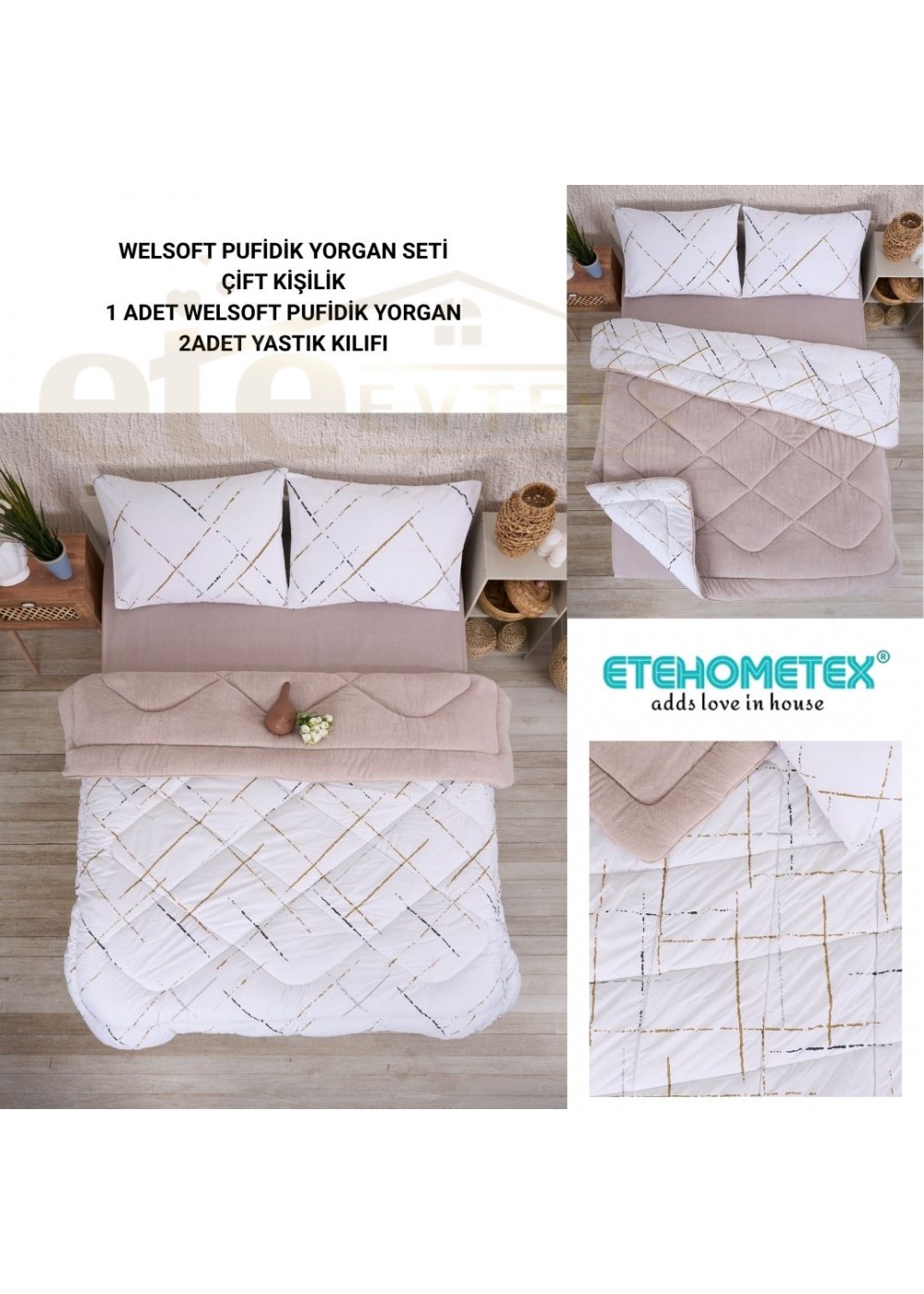 ETE HOMETEX ÇİFT KİŞİLİK LÜX WELSOFT YORGAN SETİ 195X215CM YANSIMA BEJ 8696474231937